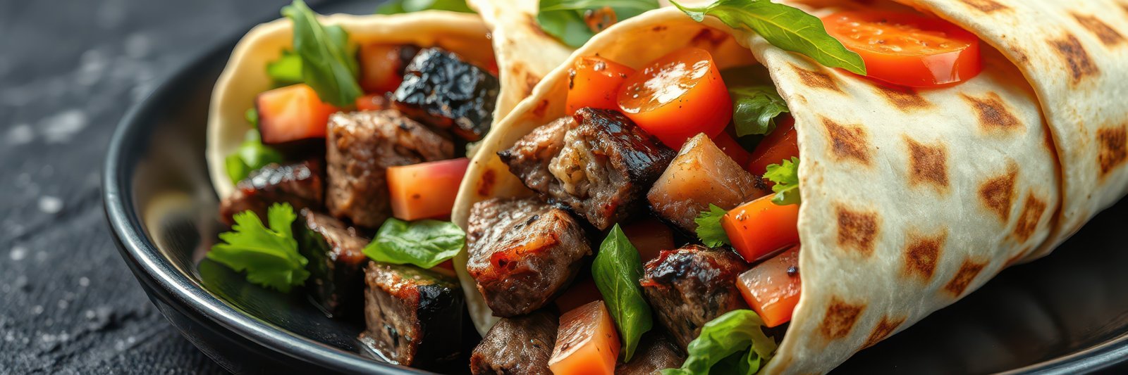 Grilled skewers and fresh vegetables wrapped in soft flatbread on a plate